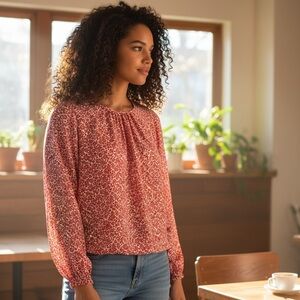 Tommy Hilfiger Floral Blouson Blouse Women's Large Red White Lined